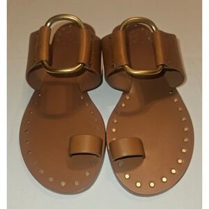 Tory Burch Tan Leather Toe-Ring Slides with Gold Ring Detail